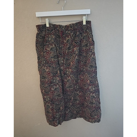 VTG Talbots Petites Brown Paisley Elastic Waist Pull On Boho Midi Skirt SZ 14 - Picture 2 of 5